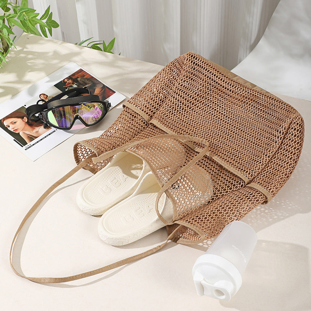 Beach Mesh Tote Bag Womens Shoulder Handbag Grocery Bag Brown