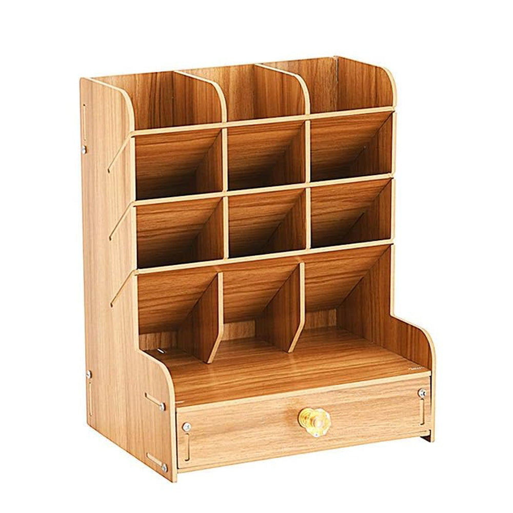 12 Compartment Wooden Desk Organizer with Drawers Art Supplies Storage Desktop Stationary-Khaki