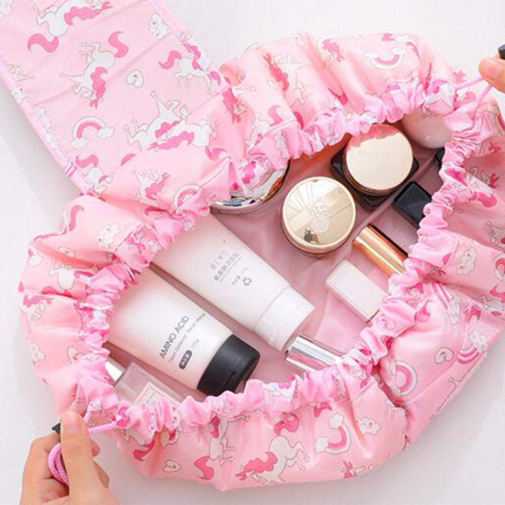 Printed Cosmetic Storage Bag Drawstring Make-Up Travel Bag Makeup Tools Organizer Folding Cosmetic Bag -Pink Unicorn
