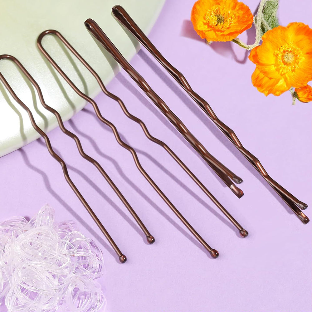 Hair Pins Set with Storage Box Bobby Pins & U Shaped Hair Clips Kit for Bun Updo Styling-Coffee