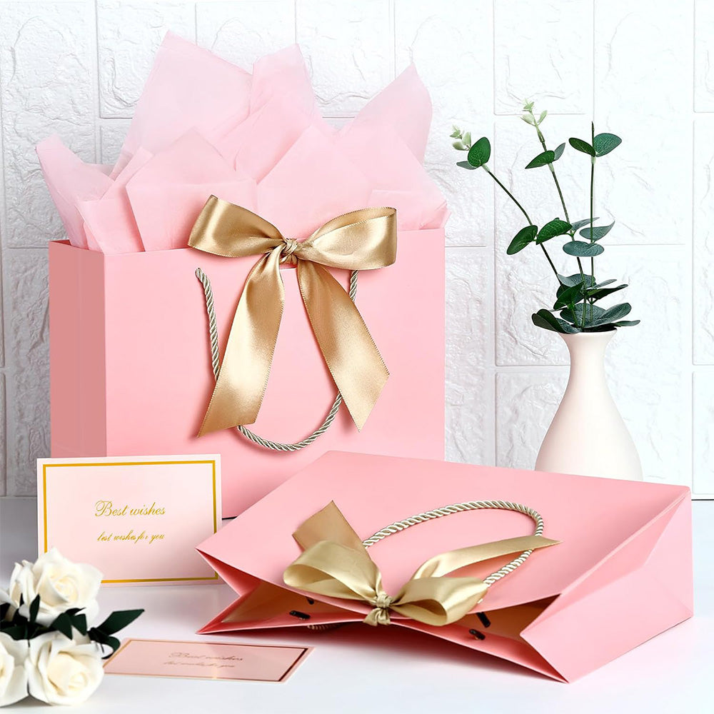 4Pieces Gift Bags with Cards and Wrapping Paper for Weddings Parties - Pink