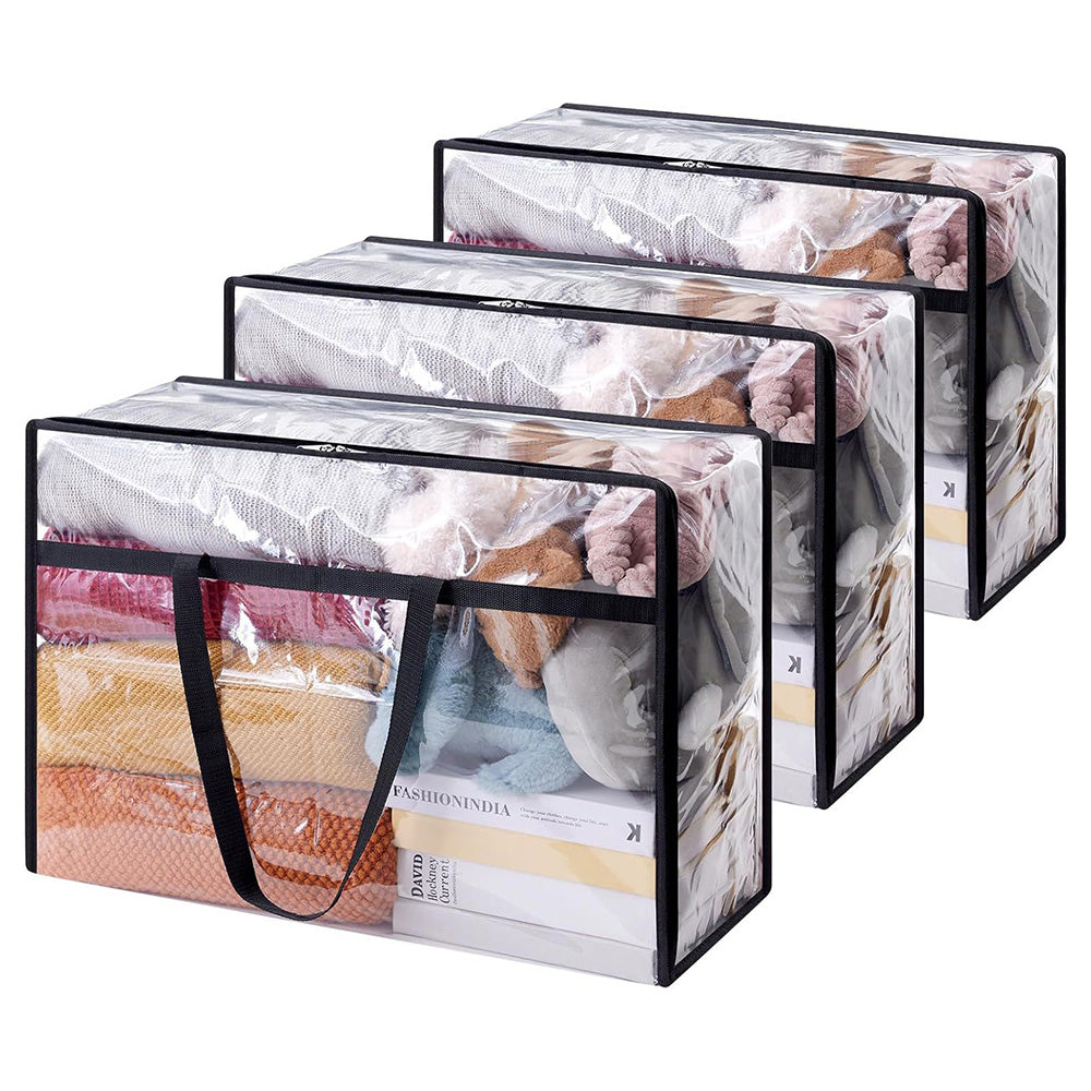 3Pcs 60L Clear Clothes Storage Bags Foldable Moving Bags with Zipper for Bedding Duvet Blanket