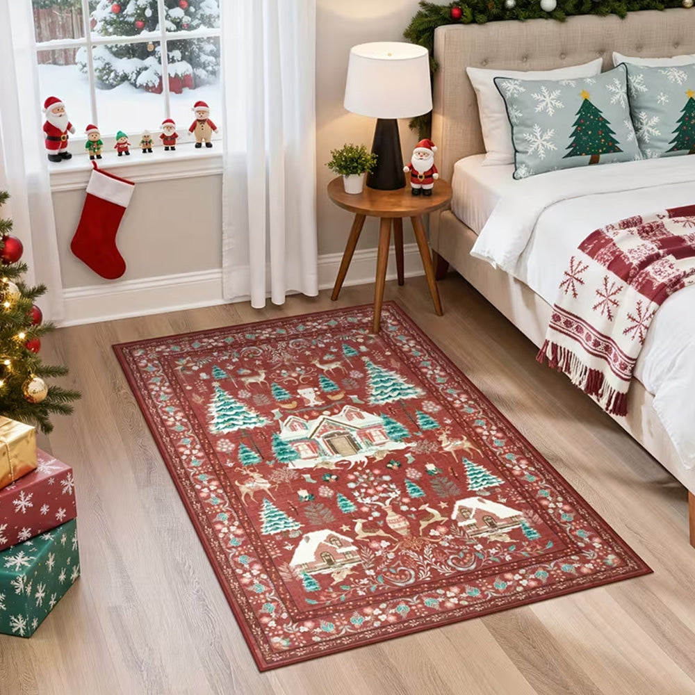 Vintage Christmas Crystal Velvet Area Rug Non-Slip Living Room Floor Mat - Red