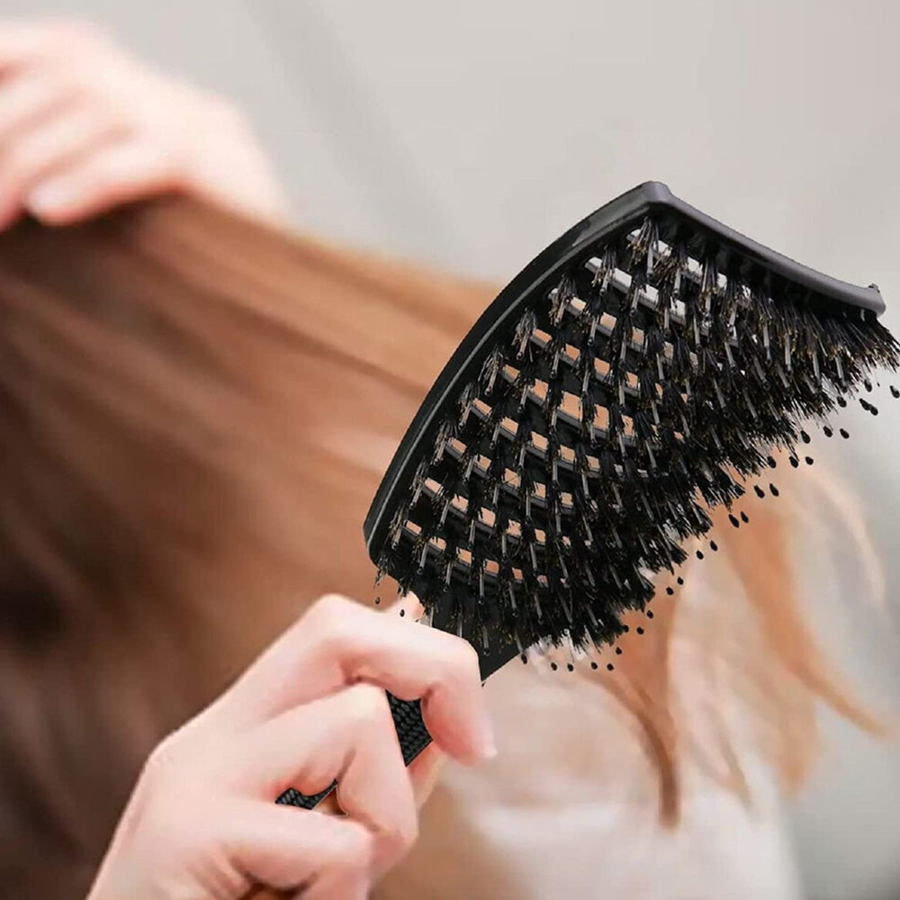 Detangle Nylon Boar Bristle Brush Head Scalp Massage Comb For Fine Hair-Black