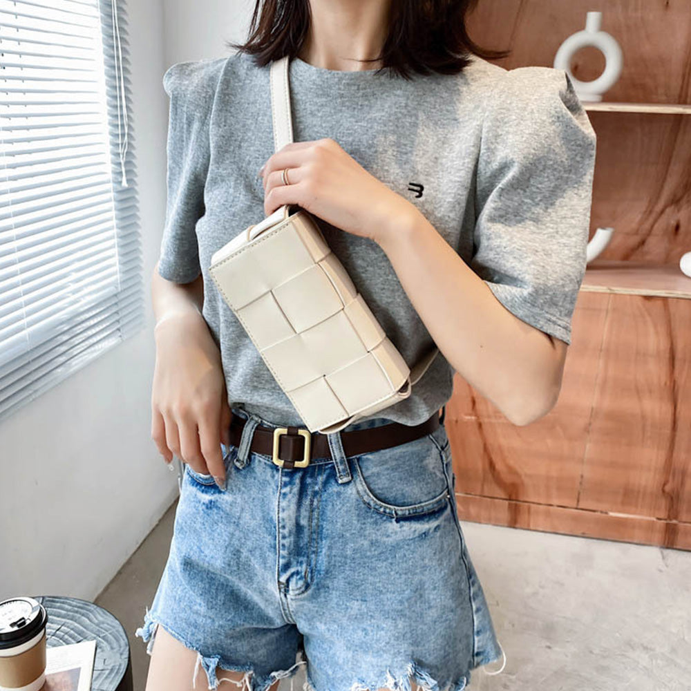 PU Leather Woven Style Crossbody Bag Small Shoulder Fanny Pack for Women Beige