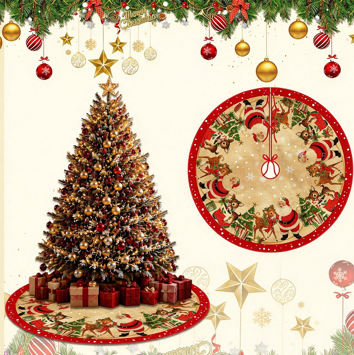 Christmas Tree Skirt Base Cover 120cm 150cm with Red Ties
