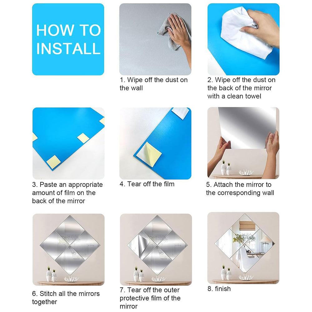 4Pcs DIY Stick On Acrylic Mirrors Self Adhesive Mirror Stickers for Wall Wardrobe Doors