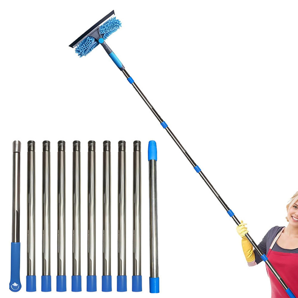 2-in-1 Extendable Window Squeegee Cleaner Tool Rotating Scrubber with 2 Replacement Cloths Blue