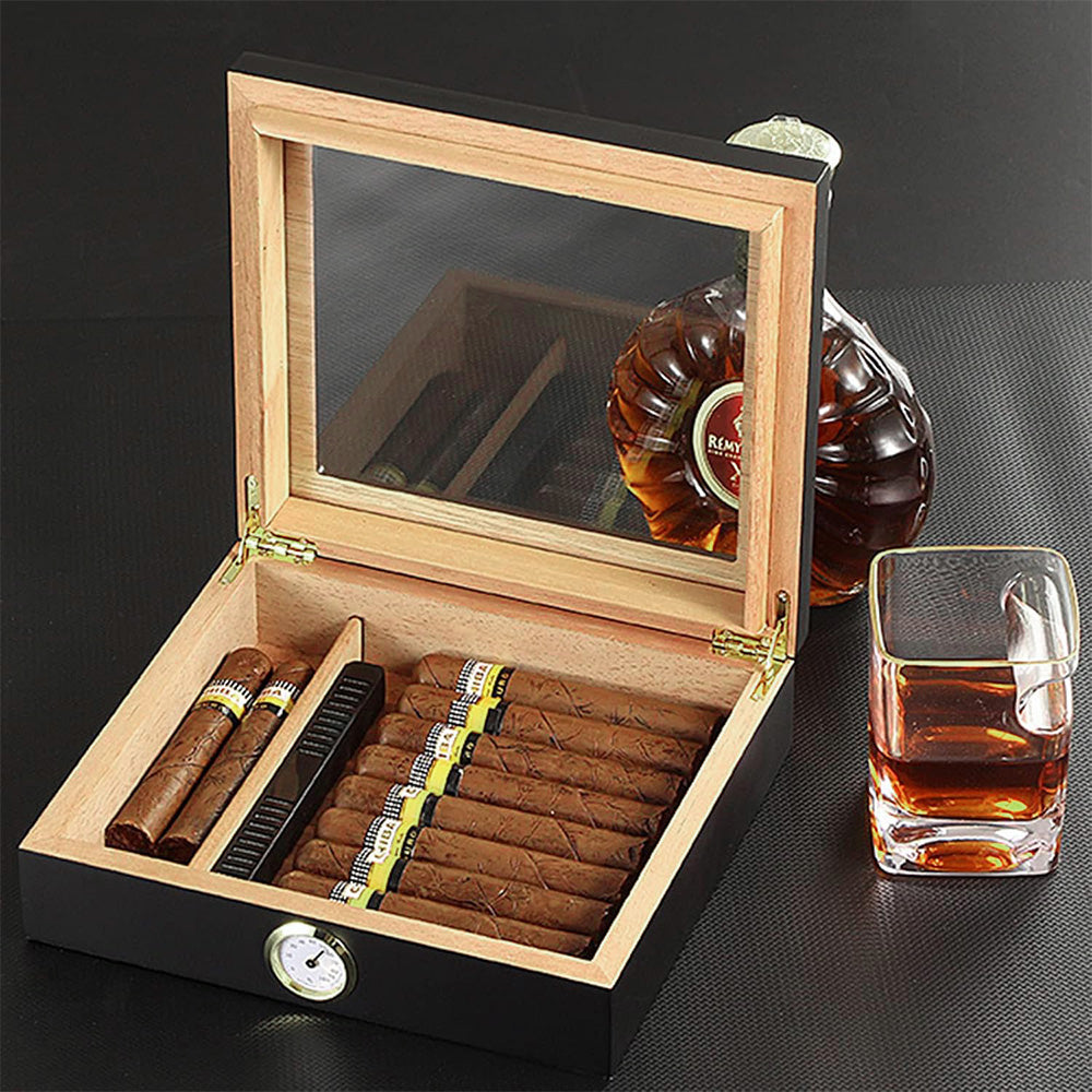 For 10 Cigars Cigar Humidor Desktop Box with Humidifier and Hygrometer Black
