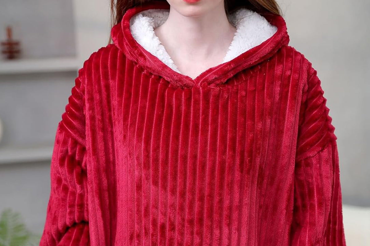 Wearable Blanket Sweatshirt for Women and Men Thick Flannel Hooded Sweatshirt Loungewear -Wine Red