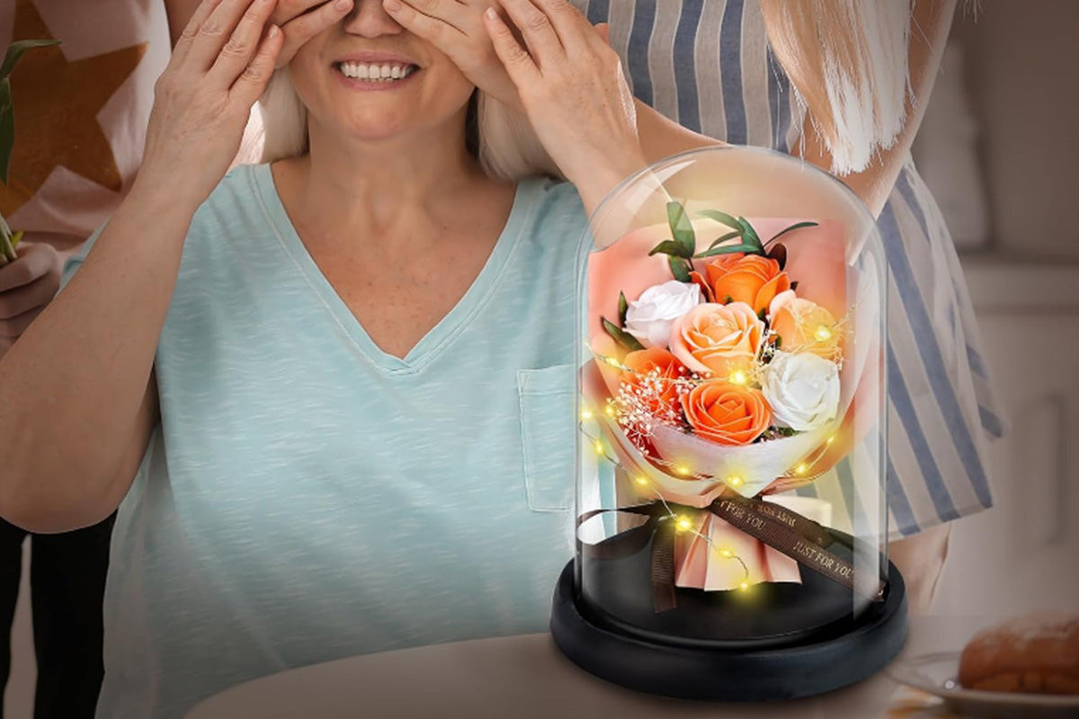 Rose in Glass Dome Handmade Preserved Flower Decoration Dome with Led LightsChampagne