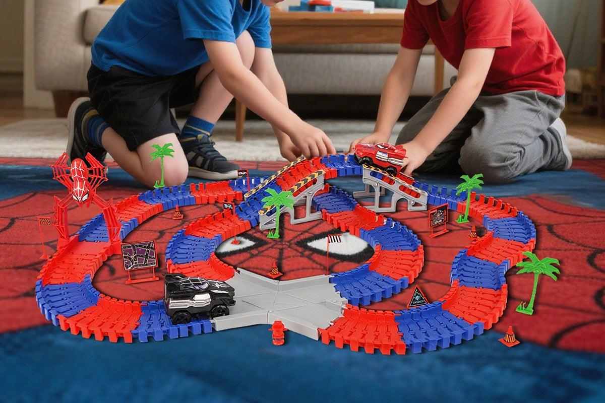 212Pcs Set Spider Toys for Boys Spider Race Track with 2 Cars Birthday Gifts
