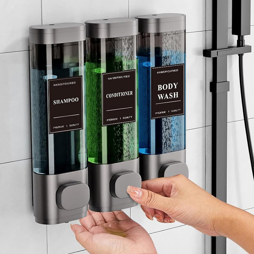 No-Drill Wall-Mounted Triple Soap Dispenser for Bathroom Shampoo Conditioner