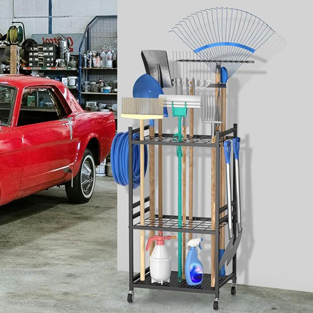 Garden Tool Organizer with Wheels Steel Rack Stand for Garage Storage Holds 35 Tools