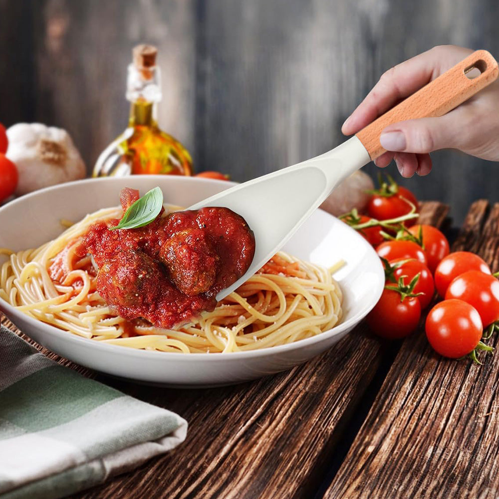 2Pcs Silicone Spoons for Cooking Wood Handle Spoon for Mixing Scoop and Scrape