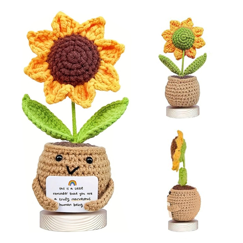 2Pcs Handcrafted Sunflower Doll Soft Acrylic Fabric Yarn Decor with Motivational Card