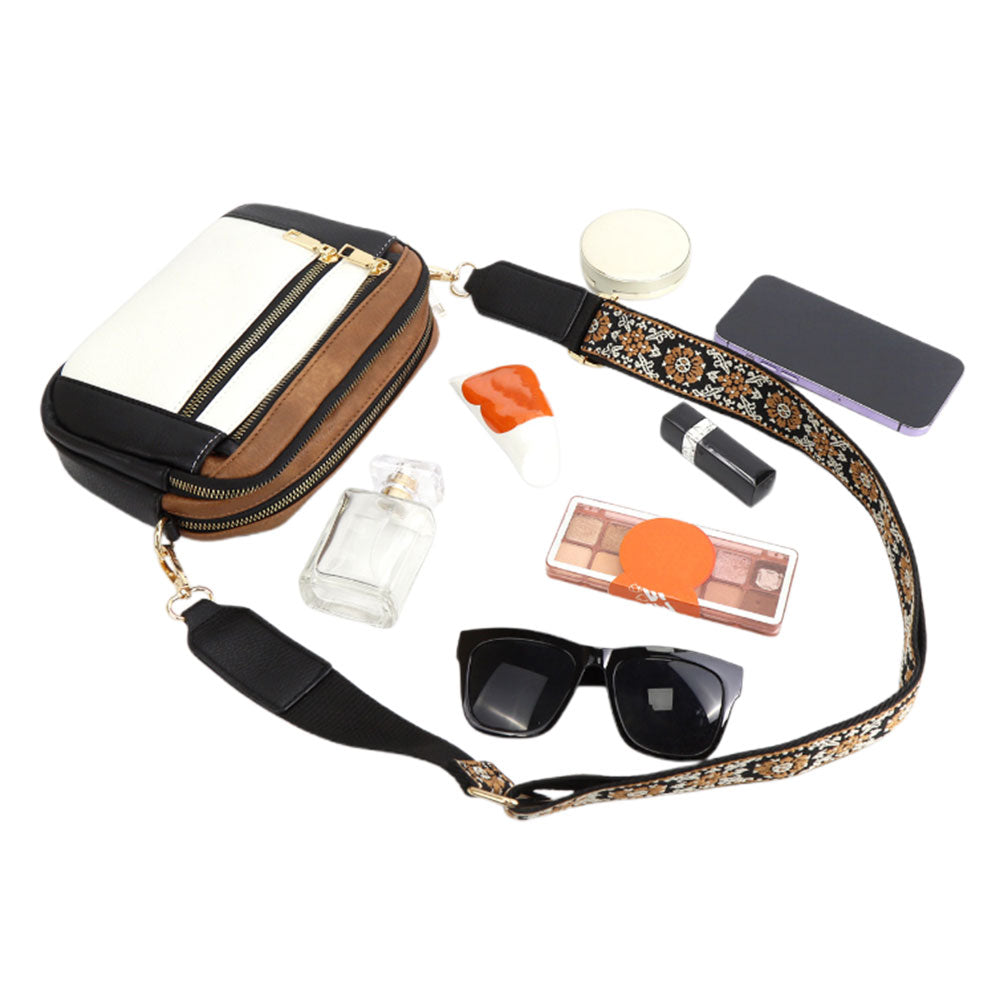 Color-Block Small Crossbody Bags for Women PU Leather Shoulder Handbag Purse with Adjustable Wide Strap Black