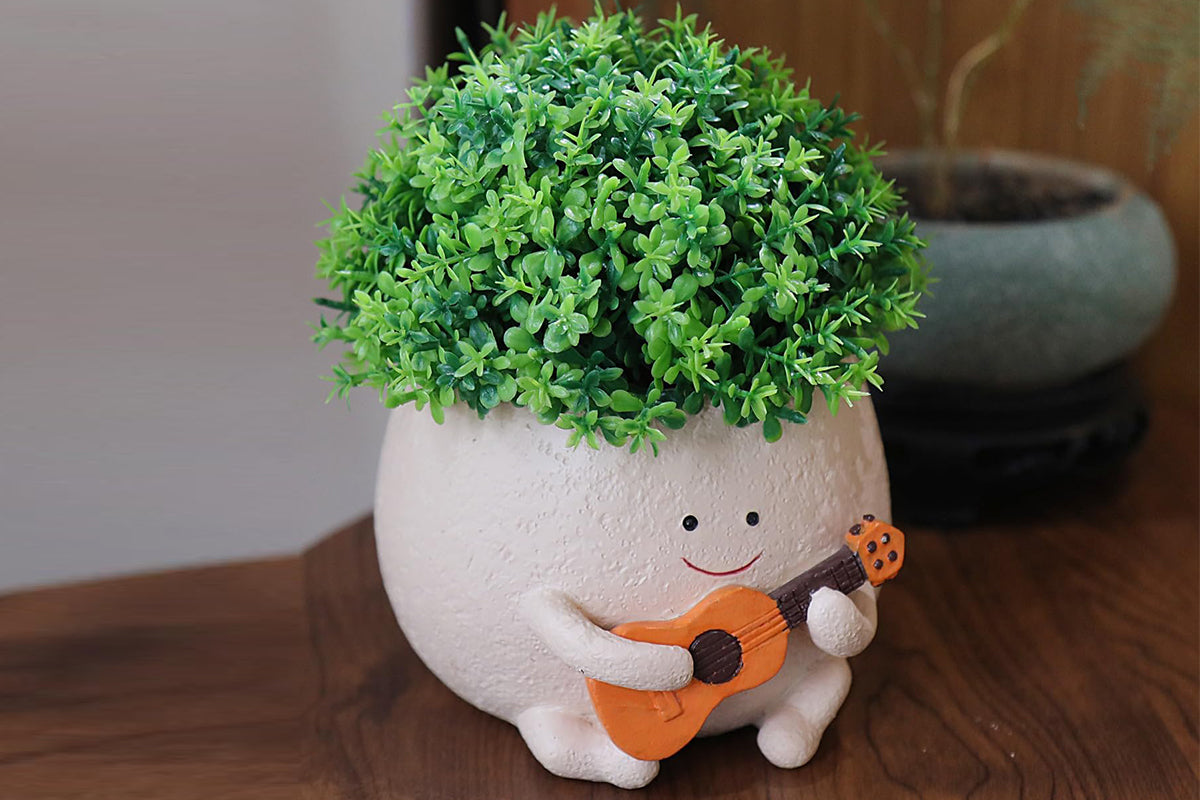2Pcs Smily Face Planter Pot with Drainage Hole Cute Resin Head Planters Unique Guitar Succulent Pots for Indoor Outdoor Plants Gift-Each of Size
