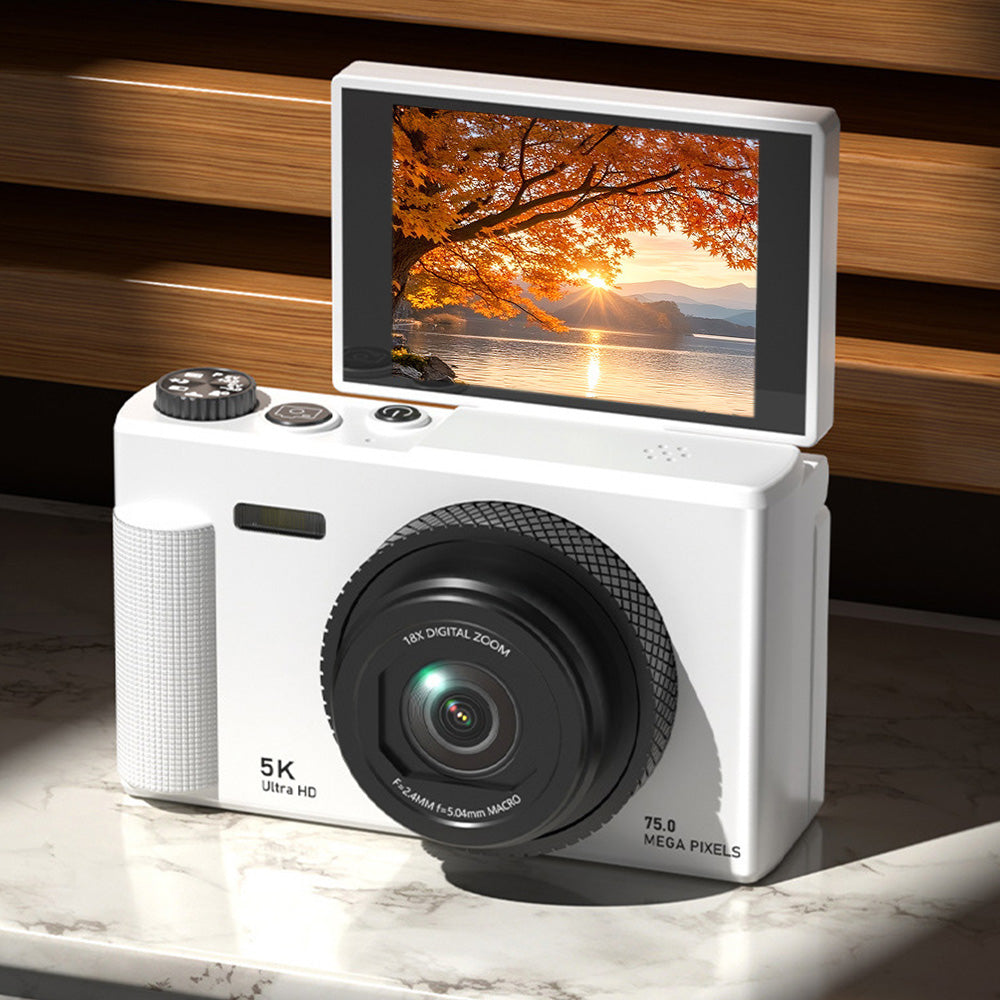 5K Digital Camera ¨C 18X Zoom Flip Screen Point-and-Shoot with 64GB Memory Card White