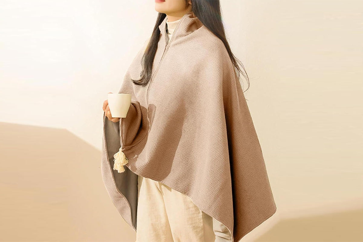 Portable Heated Shawl Wraps with Zipper 15s Fast Heating USB Heated Blanket for Women -Khaki