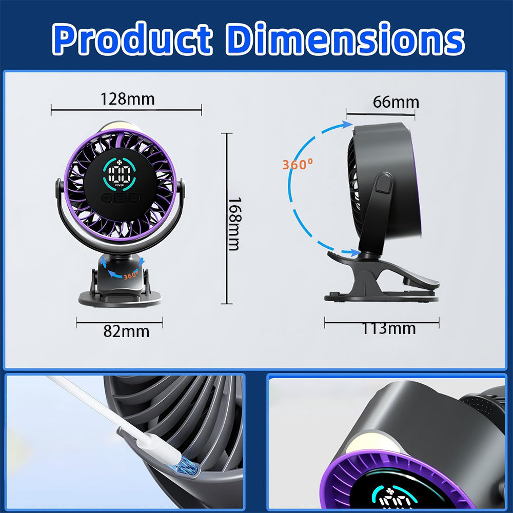 100 Level Digital Clip Fan 720 Degree Airflow Portable Car Fan - Grey