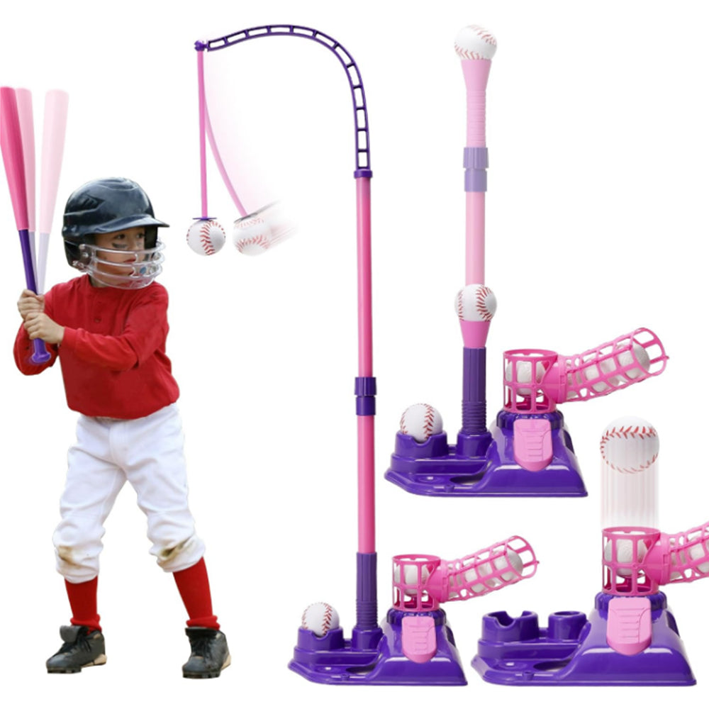 3-in-1 Tee Ball Set for Kids Retractable Baseball Batting Tee Set Pink