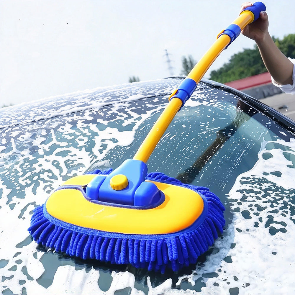 3-Section Telescopic Car Wash Brush 15-Degree Bent Handle - Blue