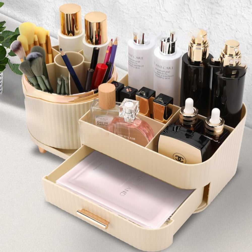 Rotating Makeup Organizer for Vanity with Brush Holder and Drawer Spinning Cosmetic Storage Case Beige