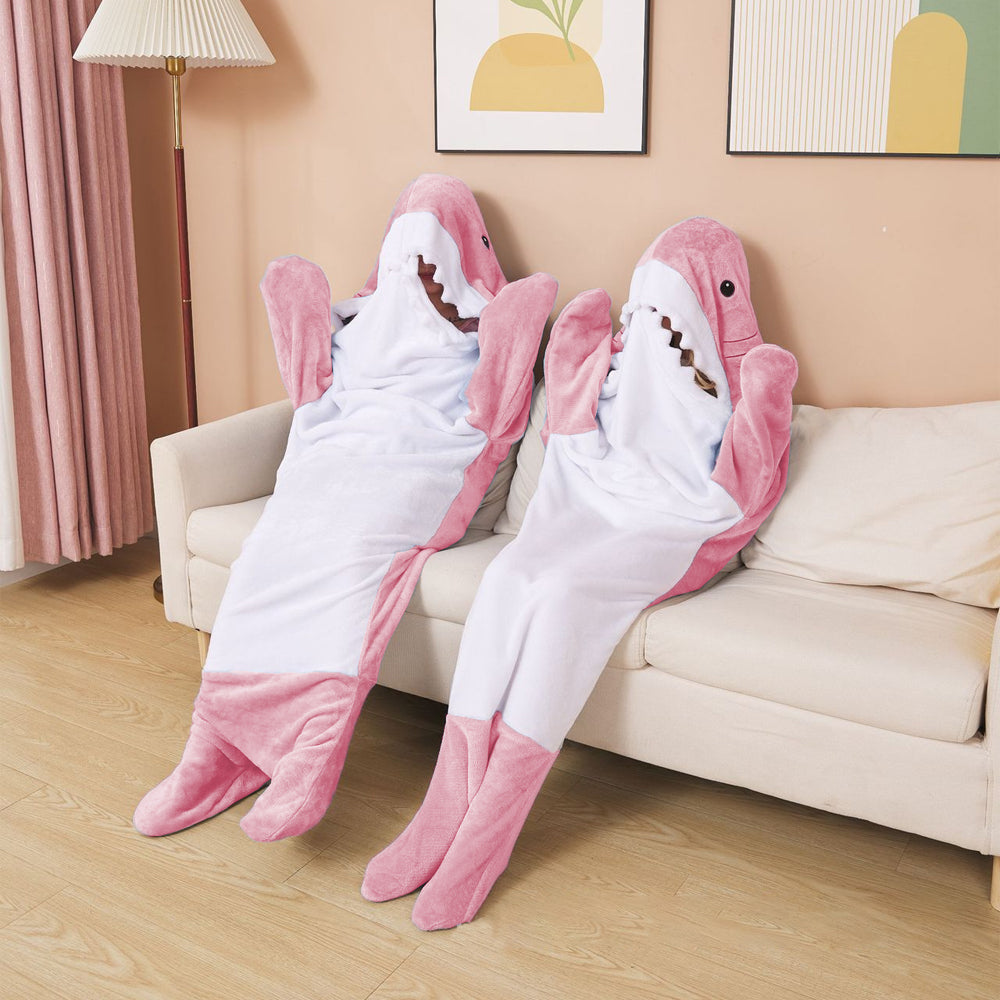 Pink Shark Hoodie Blanket Hooded Blanket Flannel Wearable Adult Throw Blanket