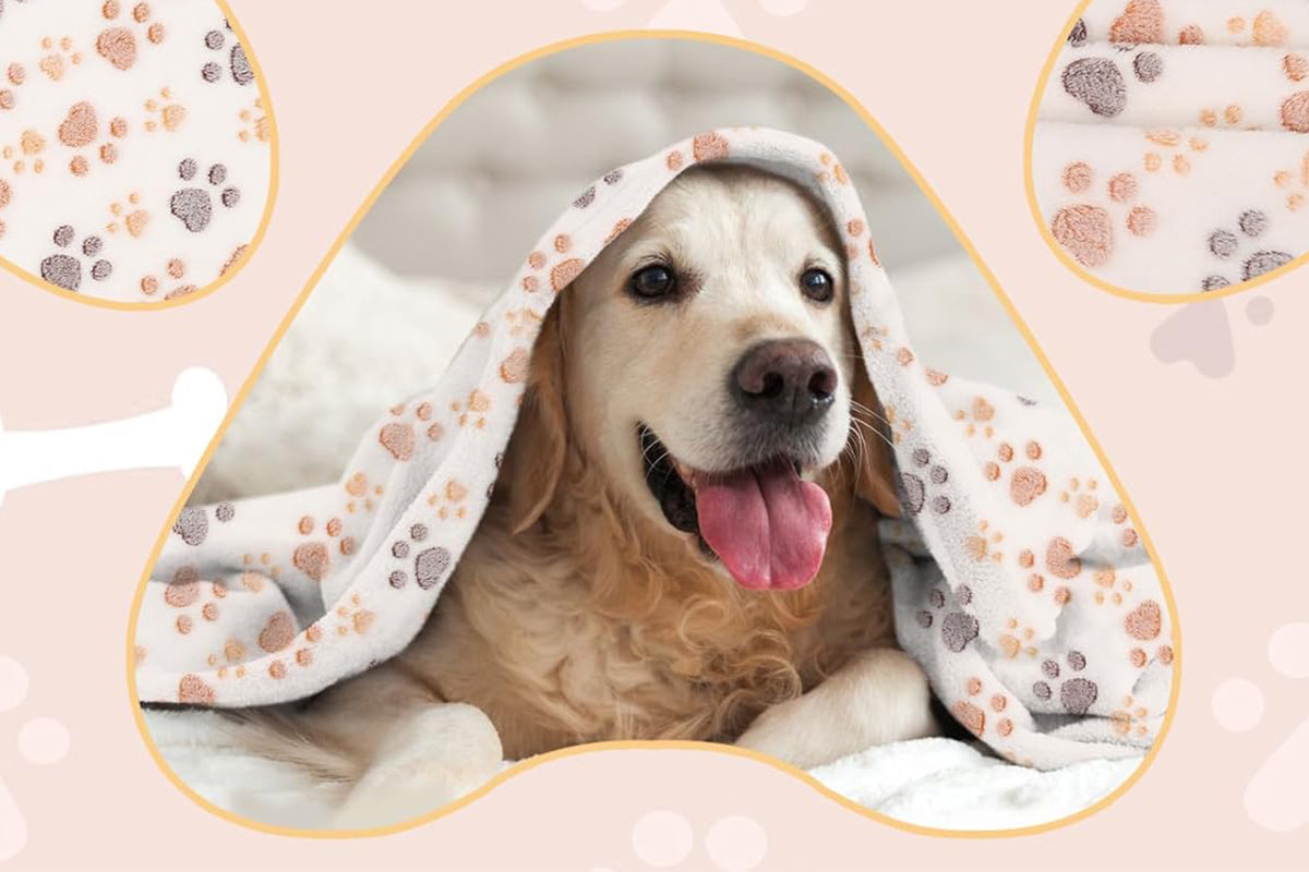 107x75cm Fluffy Fleece Dog Blanket Mat Paw Print Puppy Kitten Throw Blanket -White