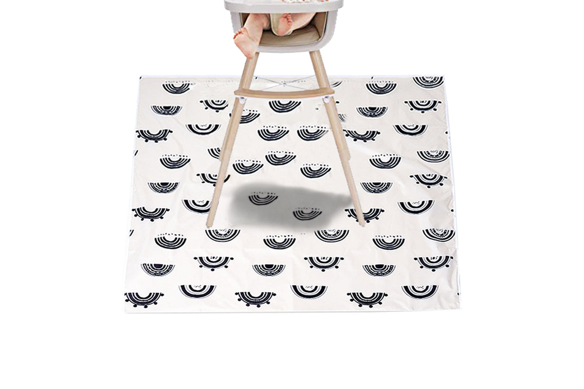 Washable Portable Baby Splat Mat For Under High Chair Arts Anti-Slip Floor Protector-Black And White Rainbow