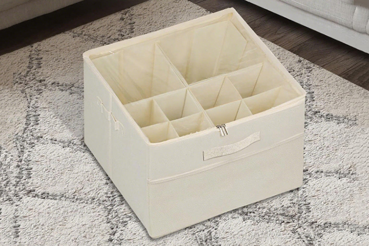 Shoe Organizer Foldable Shoe Storage Containers with Dividers and Lid -Beige