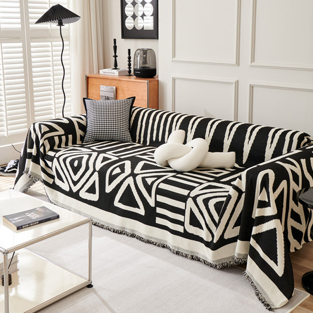 Boho Couch Cover Geometric Sofa Blanket Furniture Protector Black