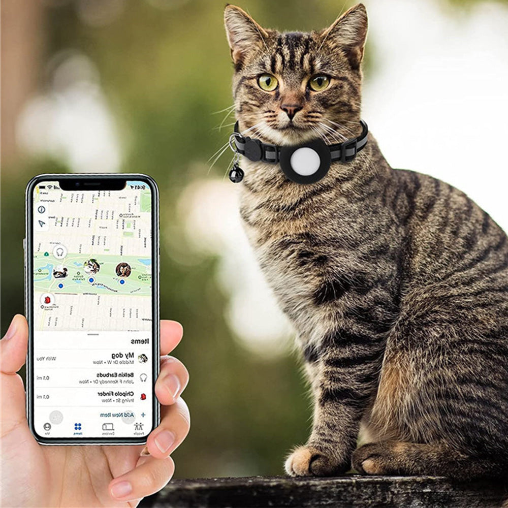 Reflective Cat Collar Compatible with Apple Airtag Adjustable Airtag Holder for Cat Dog Kitten Puppy Black