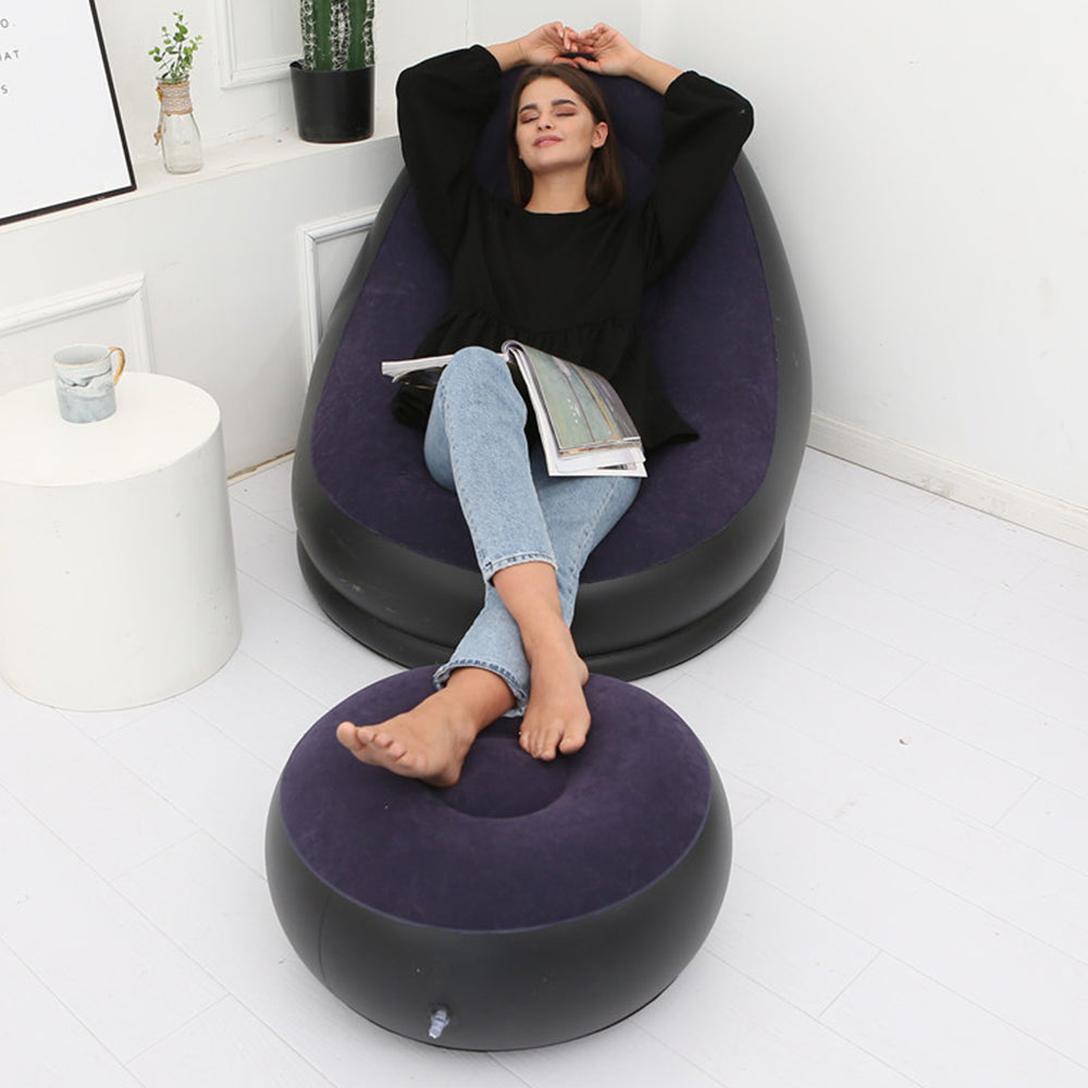 Inflatable Sofa Couch and Footrest Set Flocking Blow Up Couch Chair Set for Camping Balcony Bedroom Navy Blue