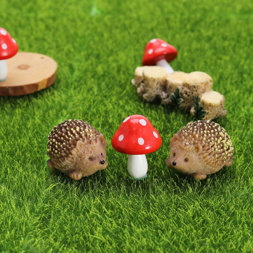 6Pcs Set Miniature Fairy Garden Decor Micro Resin Hedgehogs and Mushroom Sculpture Set