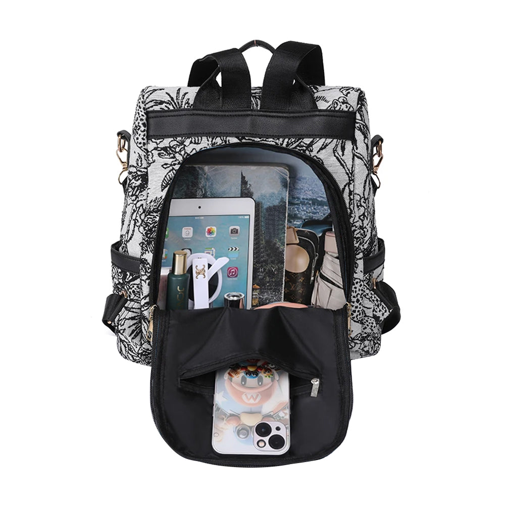 Printed Anti-theft Backpack Multifunctional Large Capacity Travel Bag Black