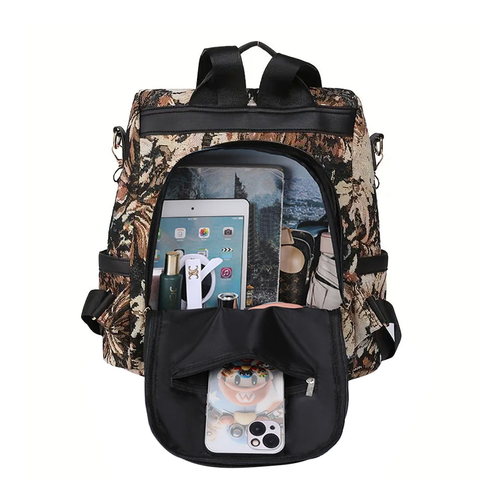 Printed Anti-theft Backpack Multifunctional Large Capacity Travel Bag Brown