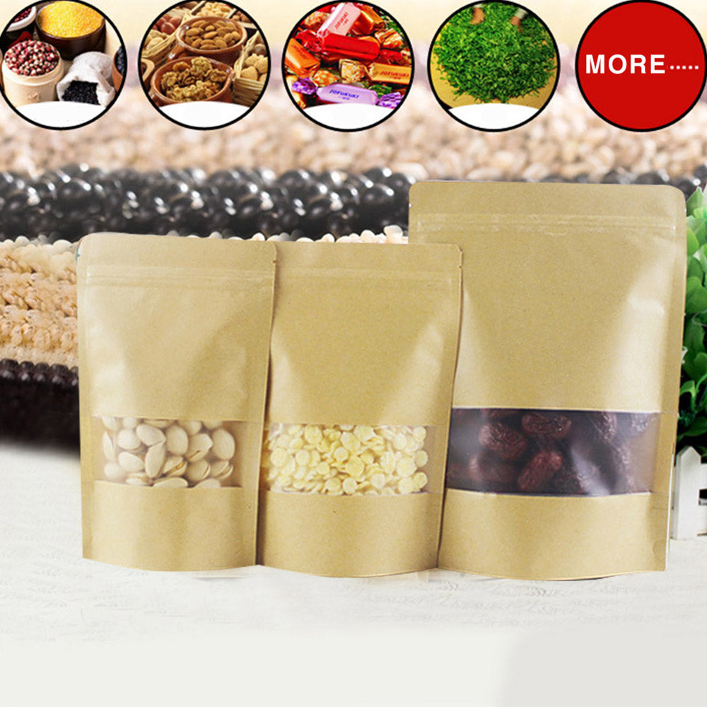 100 Pack ofVisible Resealable Kraft Paper Pouch Self Sealing Food Storage Bag