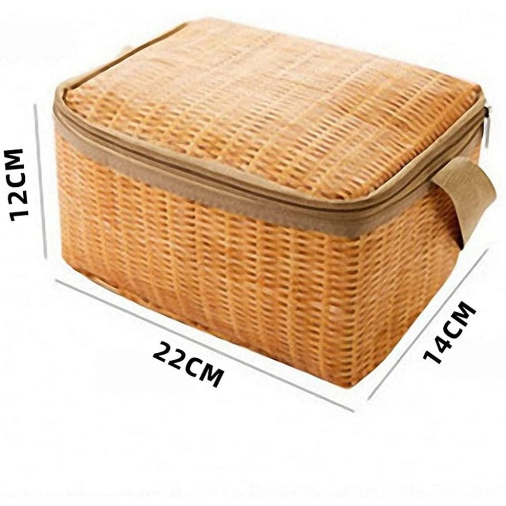 2Pcs Imitated Rattan Insulated Thermal Lunch Box Bags Picnic Basket with Cutlery