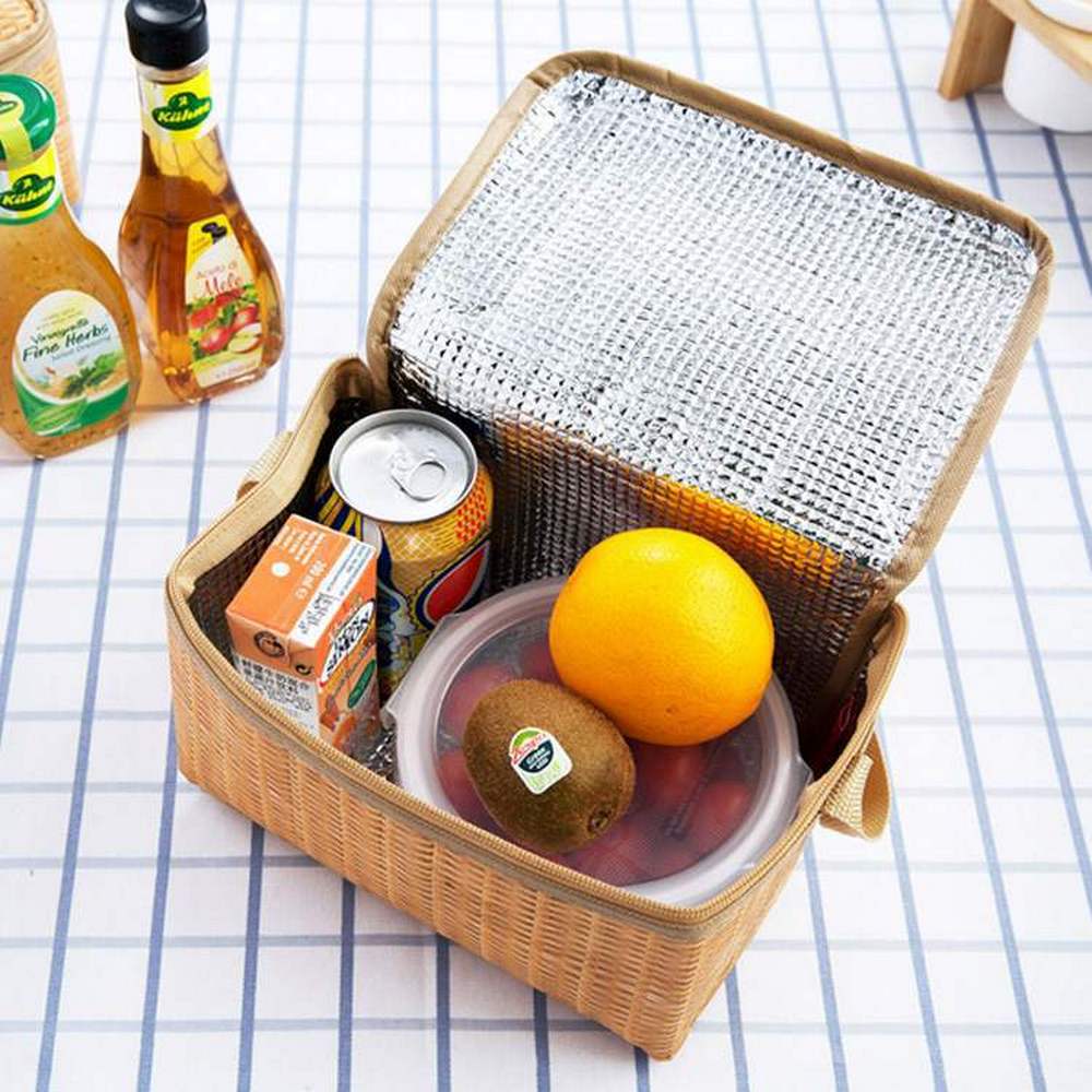 2Pcs Imitated Rattan Insulated Thermal Lunch Box Bags Picnic Basket with Cutlery
