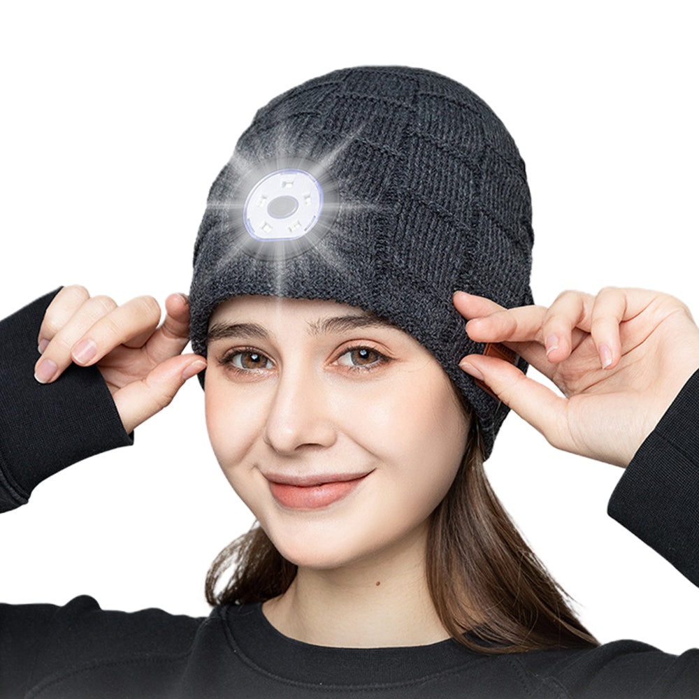 2X Wireless Bluetooth Headphone Beanie LED Lights Hat Black Dark Grey