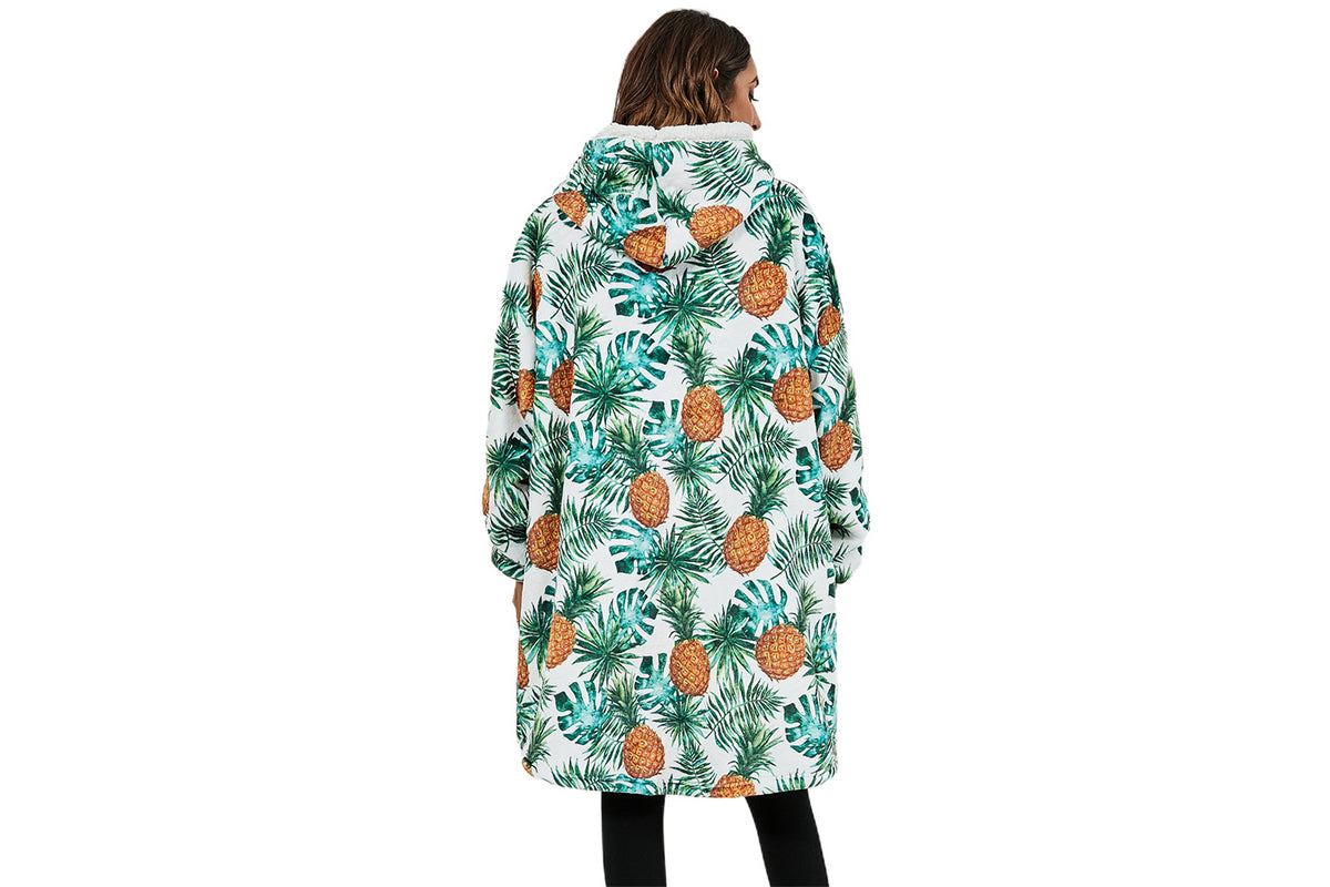 For Adult Multifunctional Wearable Warm Cozy Fleece Sherpa Hooded Throw Blanket Hoodie-Pineapple