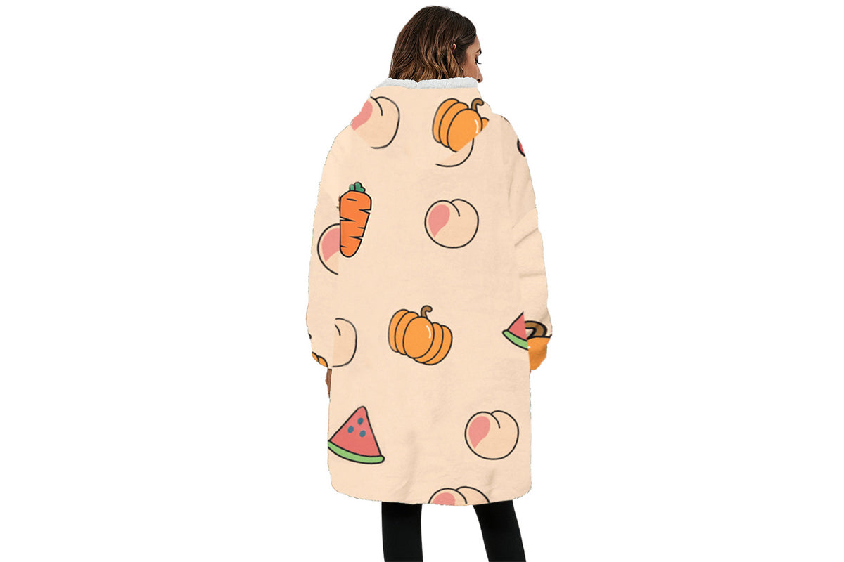 For Adult Multifunctional Wearable Warm Cozy Fleece Sherpa Hooded Throw Blanket Hoodie-Fruit