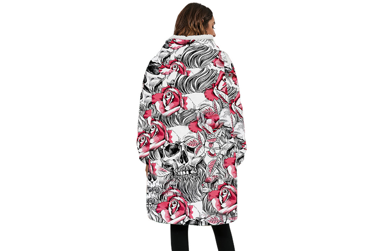 For Adult Multifunctional Wearable Warm Cozy Fleece Sherpa Hooded Throw Blanket Hoodie-Pink Skull