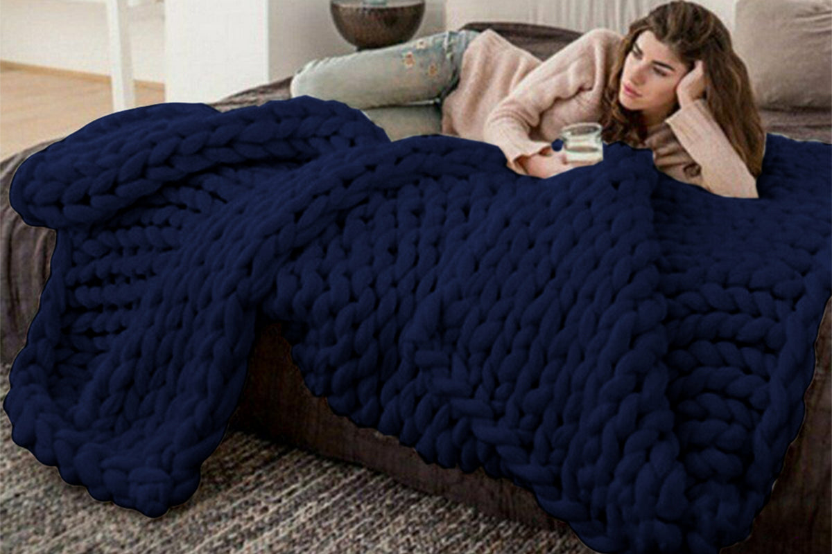 Handmade Chunky Knit Soft Blanket Throw For Couch Home Decor-Dark Blue