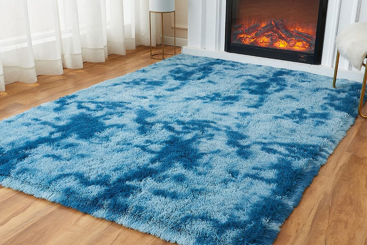 Fluffy Rug Anti-Slip Carpet Plush Dye Fluffy Area Rugs Floor Mat Bedroom Decoration-Blue