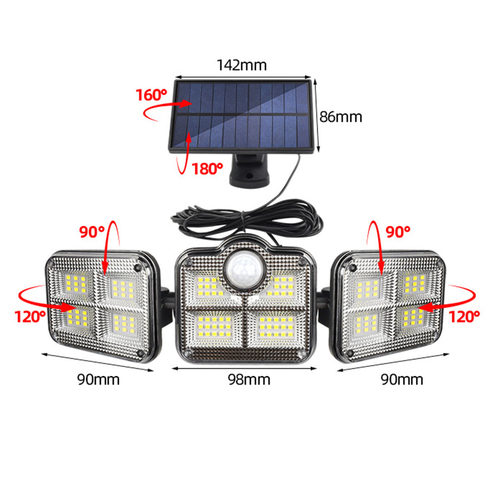 3 Head Motion Sensor Solar Light Wall Lamp Garden Yard Light with Remote Control and Connect Cable
