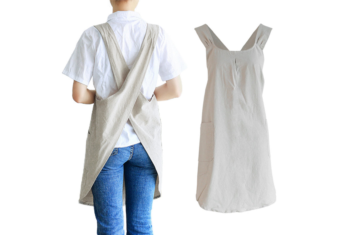 Cross Back Aprons Cotton Apron with Pockets for Kitchen Housework Flower Shop-Khaki
