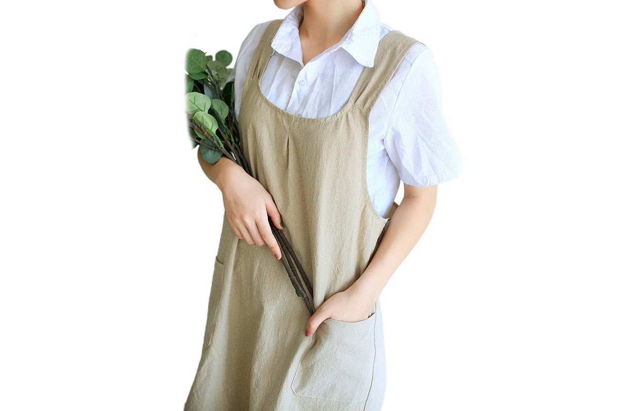Cross Back Aprons Cotton Apron with Pockets for Kitchen Housework Flower Shop-Khaki